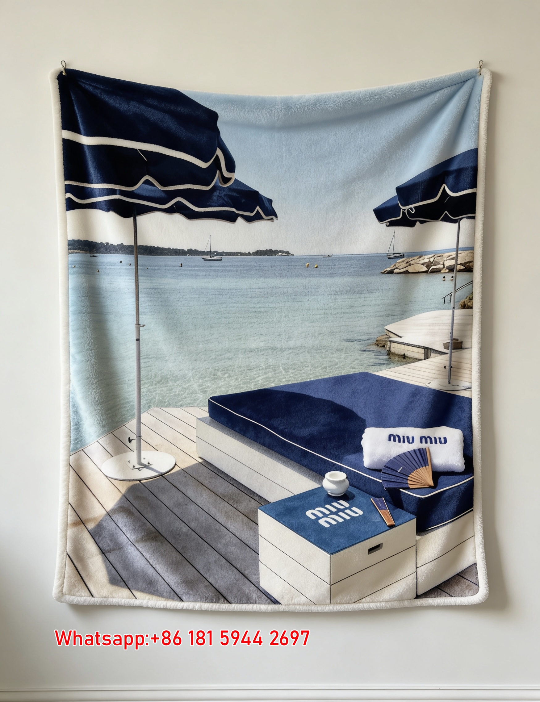 Miumiu Navy Blue White Turquoise Flannel Sofa Throw Blanket – Printed Coastal Beach Club Setup IMG_0546